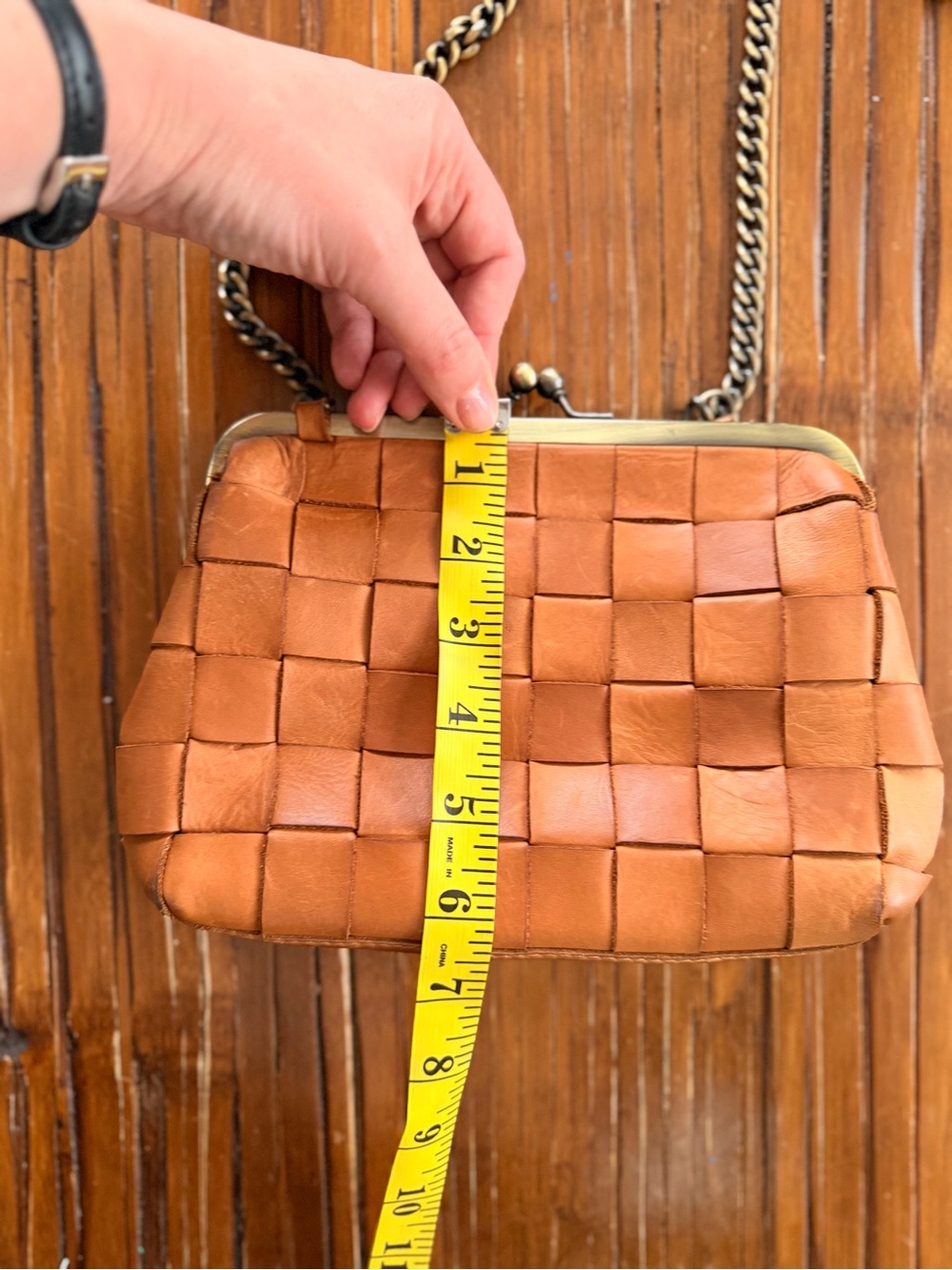 Margot New York Leather Woven Crossbody Bag with Chain Strap - Picture 3 of 5